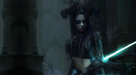 Demoness - sword, demon, mark kolobaev, dark, girl, sucubbus, fantasy, luminos, horns