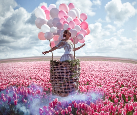 Spring - balloon, girl, spring, flower, pink, chervona vorona, tulips, woman, model, cloud, field, sky