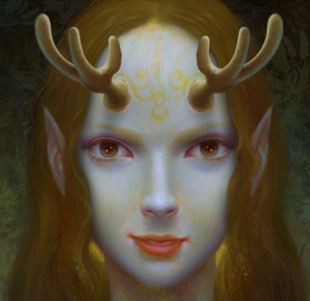 Nymph - girl, horns, nymph, fantasy, face, golden, art, luminos, yueqing