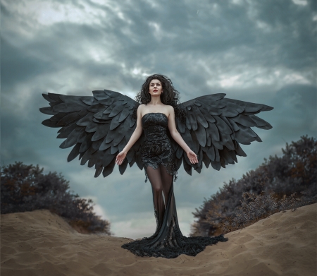 Dark angel - woman, angel, girl, wings, model, storm, chervona vorona, cloud, dark, feather