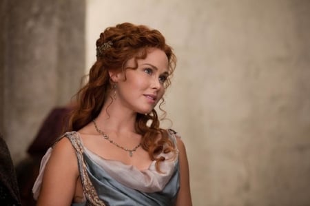 Anna Hutchison - earrings, headband, roman, red curly hair, grey and white, dress, necdklace