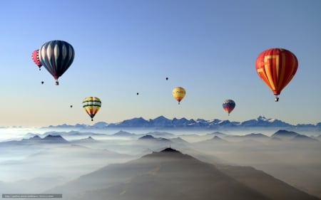 Over Mountains - hot air balloons, mountains, sky, mist