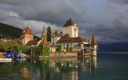 Castle by Lake - clouds, landscape, lake, castle