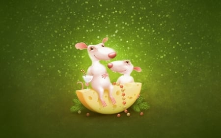 Happy Mouses - white, animals, green, mouses, cheese