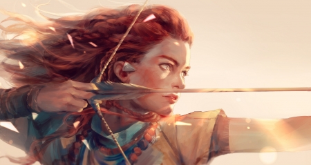 Archer - archer, blue, girl, orange, fantasy, redhead, horizon zero dawn, art, luminos