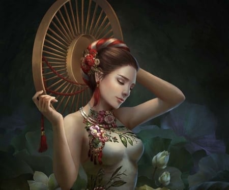 Lotus - lake, girl, frumusete, fantasy, lotus, art, luminos, red, green, hoang lap solan