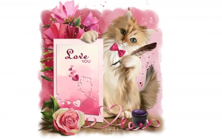 Love you - feather, flower, animal, rose, pink, cute, lorri kajenna, cat, art, pisica, card, fantasy, valentine, kitten