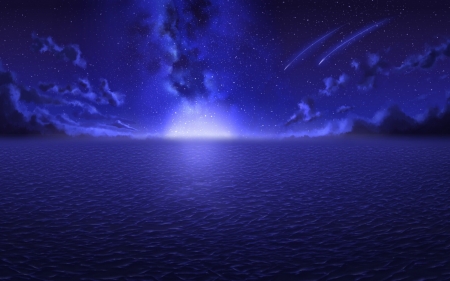 Starfall - moon, anime, water, summer, blue, starfall, sea, night, rising moon, manga, fantasy, white, vara, luminos, luna