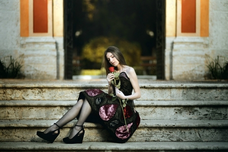 Model Posing with Rose on Steps - high heels, model, dress, rose, brunette