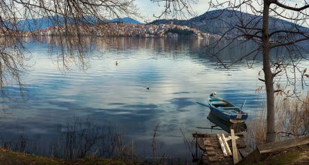 Lake of Kastoria in Greece - water, Greece, blue, Kastoria, beautiful, boat, landscape, Lake, city, reflection, nature