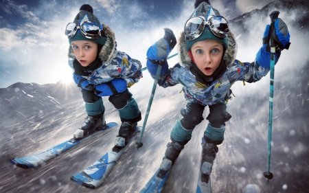 The twins' race - ski, blue, girl, john wilhelm, children, copil, sport, white, funny, sister, iarna, couple