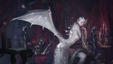 White demon - skull, bones, candle, girl, white demon, wings, fantasy, art, yoonji lee, snake, luminos, red, bat