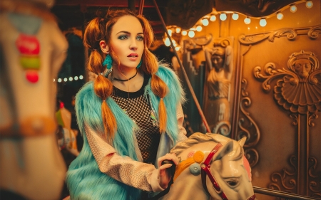 Beauty - redhead, blue, woman, model, carousel, girl, orange