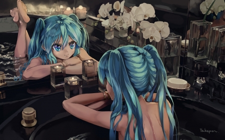 Miku - anime, vocaloid, blue, girl, bath, hatsune miku, takepon1123, flower, black, manga, white, mirror