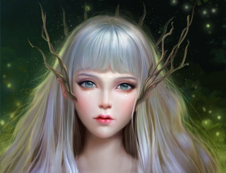 Elf girl - jinlong bai, girl, hair, elf, frumusete, fantasy, silver, green, face, luminos