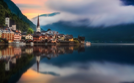 A Small Town with Cozy Houses - nature, sky, lake, houses, trees, town, mountains