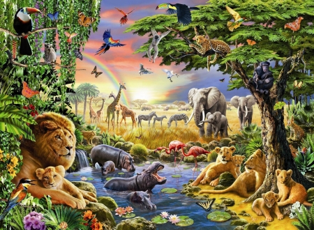 Animals - vara, lion, water, summer, fantasy, africa, art, luminos, jungle, animal, adrian chesterman