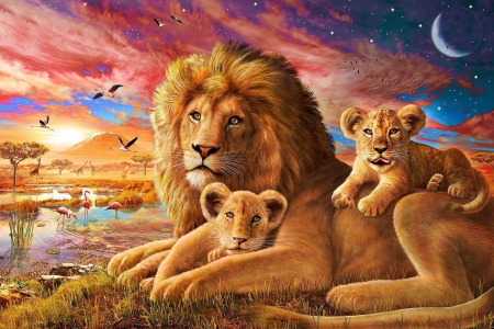 Lions - blue, leu, pink, family, lion, art, luminos, sky, luna, moon, cub, africa, adrian chesterman, orange, fantasy, sunset, cute