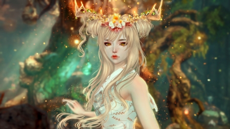 Deer girl - girl, frumusete, deer, fantasy, horns, luminos, orange, green, mila milova