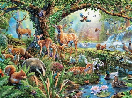 Deer family in the forest - water, summer, adrian chesterman, forest, fantasy, animal, deer, vara, luminos