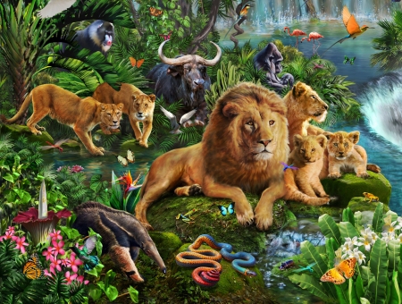 Lions - big cats, summer, lue, adrian chesterman, orange, fantasy, animal, green, lion, vara, luminos