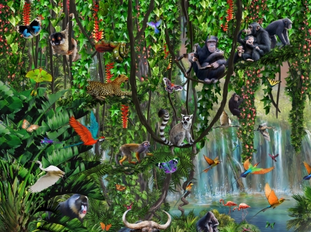 Jungle - vara, water, summer, fantasy, bird, pasare, jungle, green, animal, monkey, adrian chesterman