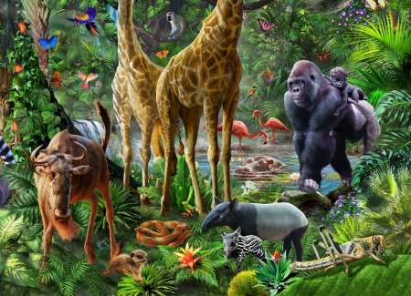 Jungle animals - summer, monkey, fantasy, animal, green, giraffe, vara, luminos, gorilla, adrian chesteman