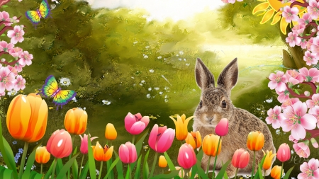 Spring Freshening - rabbit, butterflies, spring, bunny, Easter, flowers, Firefox Persona theme, tulips, field