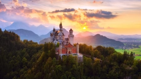 Neuschwanstein Castle at Sunset, Germany - clouds, germany, trees, sunset, forest, mountains, castle