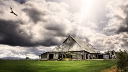 Old Red Barn - clouds, nature, red, old, barn, field, sky