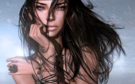 Girl - face, rendering, girl, luminos, hand, frumusete, brunette, fantasy