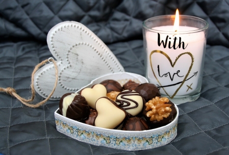 Happy Valentine's Day! - heart, candle, food, chocolate, sweet, white, valentine, dessert, card