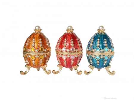 Happy Easter! - yellow, blue, faberge, easter, white, red, egg, trio, card