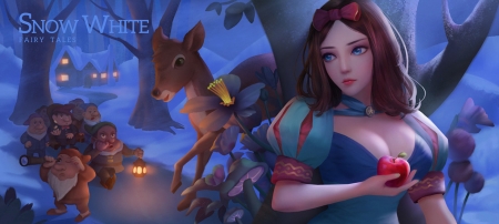 Snow White - apple, deer, girl, frumusete, yun chen, blue, fantasy, luminos, snow white