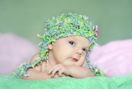 Baby girl - baby, hat, pink, green, copil, child, cute