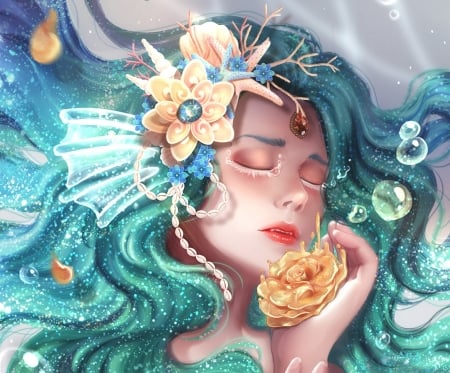 Mermaid - nathania h, frumusete, summer, rose, fantasy, face, mermaid, siren, hand, blue, luminos, golden, flower