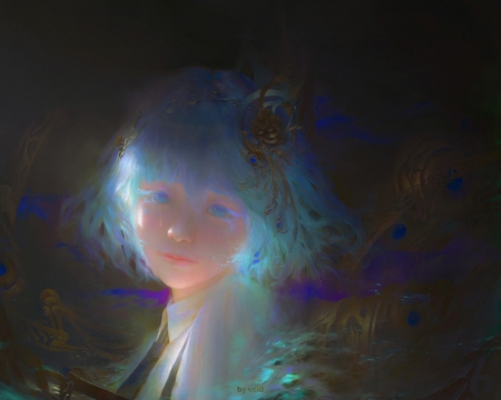 Diamond - akira ko, blue, diamond, girl, copil, child, fantasy, void, face, art, luminos