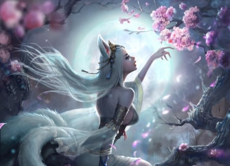 Ahri - gumilho, girl, frumusete, fantasy, spring, fox, white, pink, lana g, luminos, blue, nine tails, flower, ahri