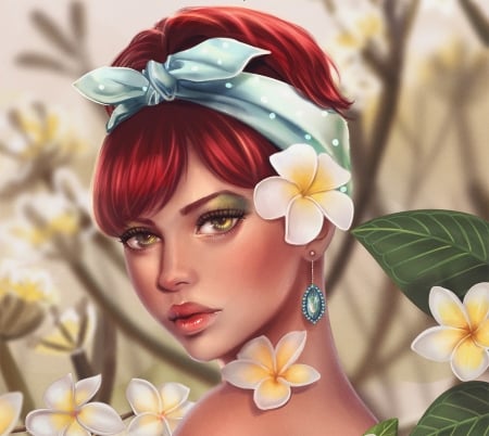 Plumeria - face, flower, girl, frumusete, redhead, fantasy, plumeria, nathania h, luminos