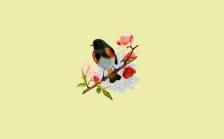 American Redstart Bird - art, yellow, lorri kajenna, fantasy, flower, bird, american redstart bird