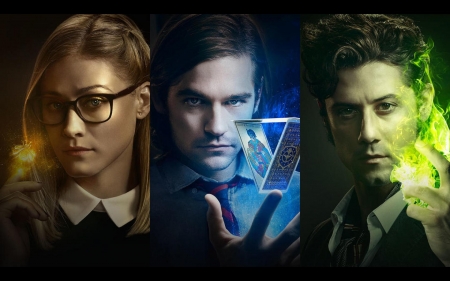 The Magicians ( 2015 - ) - actress, collage, glasses, hale appleman, tv series, the magicians, fantasy, olivia taylor dudley, alice, eliot, man, jason ralph, blue, actor, green