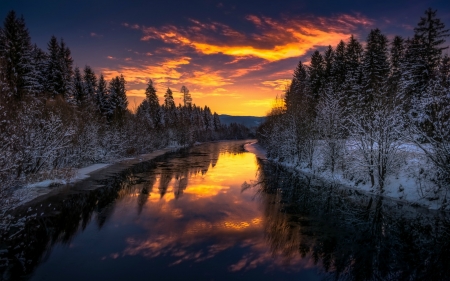 Winter Sunset - sky, trees, water, winter, sunset, mountains, reflection, river, clouds, snow