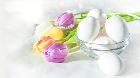 Signals of Spring - eggs, blossoms, delicate, spring, Easter, flowers, Firefox Persona theme, tulips, bowl, soft, floral