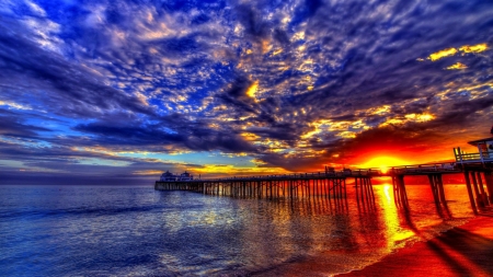 Wooden Pier at Sunset - nature, beach, pier, evening, clouds, wooden, sunset, sea