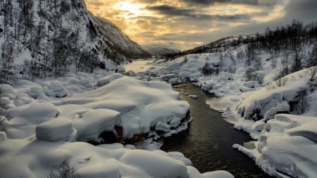 Warm Sunset Over The River Mountains - clouds, river, sunset, nature, cold, snow, mountains