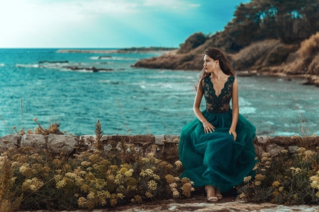 Enjoying the Seaside - dress, brunette, ocean, model