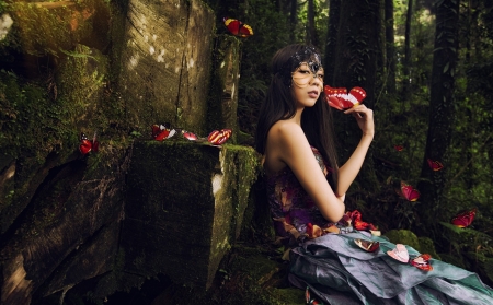 oriental princess - girl, forest, butterlfy, wall