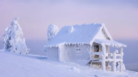 Frozen Shanty in Mountainside - frozen, winter, nature, cabin, log, snow, mountains, houses