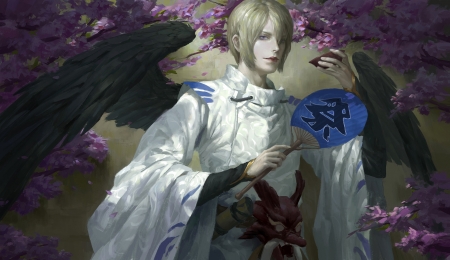 Onmyoji - fan, wings, black, fantasy, spring, white, art, man, luminos, onmyoji, buchuo liu, hand fan, pink, blue, blossom, flower, blonde