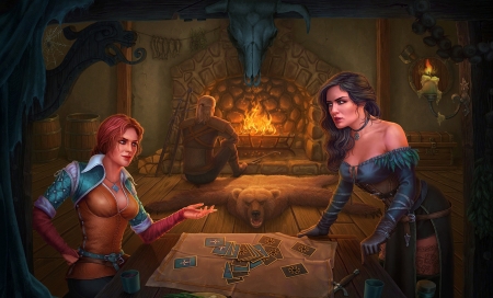 The Witcher - girl, yennefer, room, fire, fantasy, the witcher, geralt, witch, game, triss, luminos